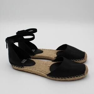 Eileen Fisher Sandals Womens 9 Black Leather Espadrille Ankle Strap Flats Zipper